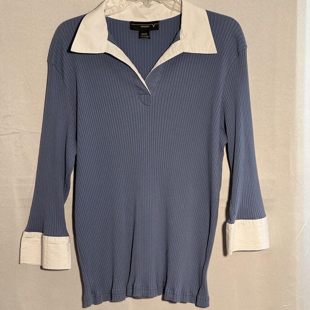 Venezia Size 22/24 Blue Ribbed Knit Top White Collar Stretch Shirt Blouse